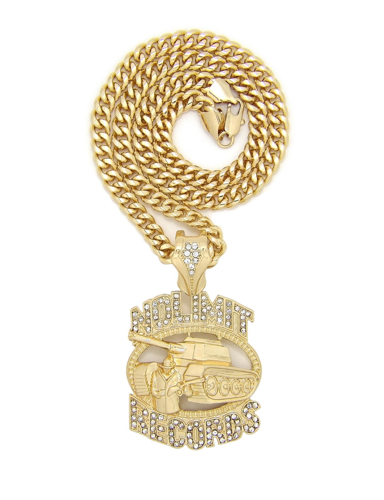 No Limit Records Tank Cubic Zirconia Pendant Gold Plated Cuban Chain Necklace