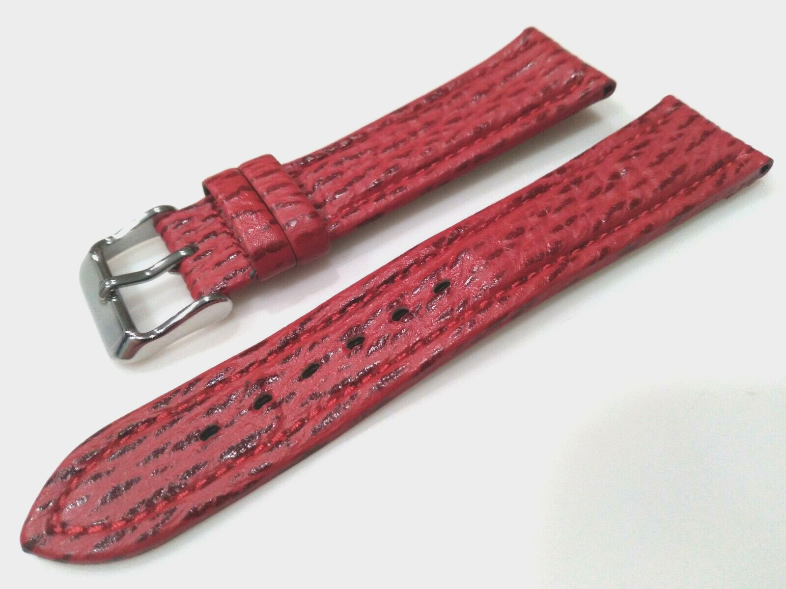 Red Genuine Shark Sharkskin 20mm Regular Padded Watch Band Silver Tone Buckle