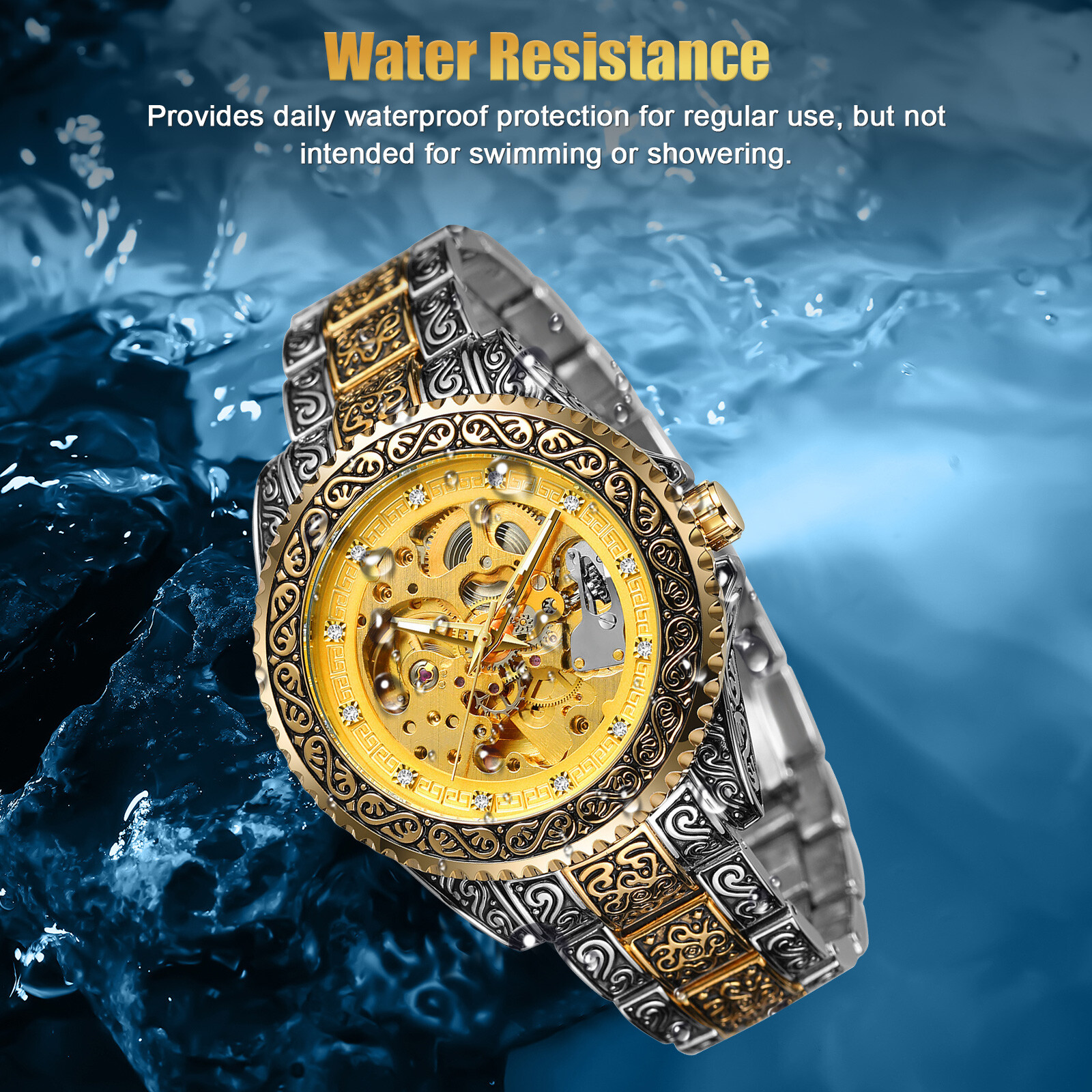 Luxury Men’s Stainless Steel Automatic Mechanical Wrist Watch Gold Tone Skeleton