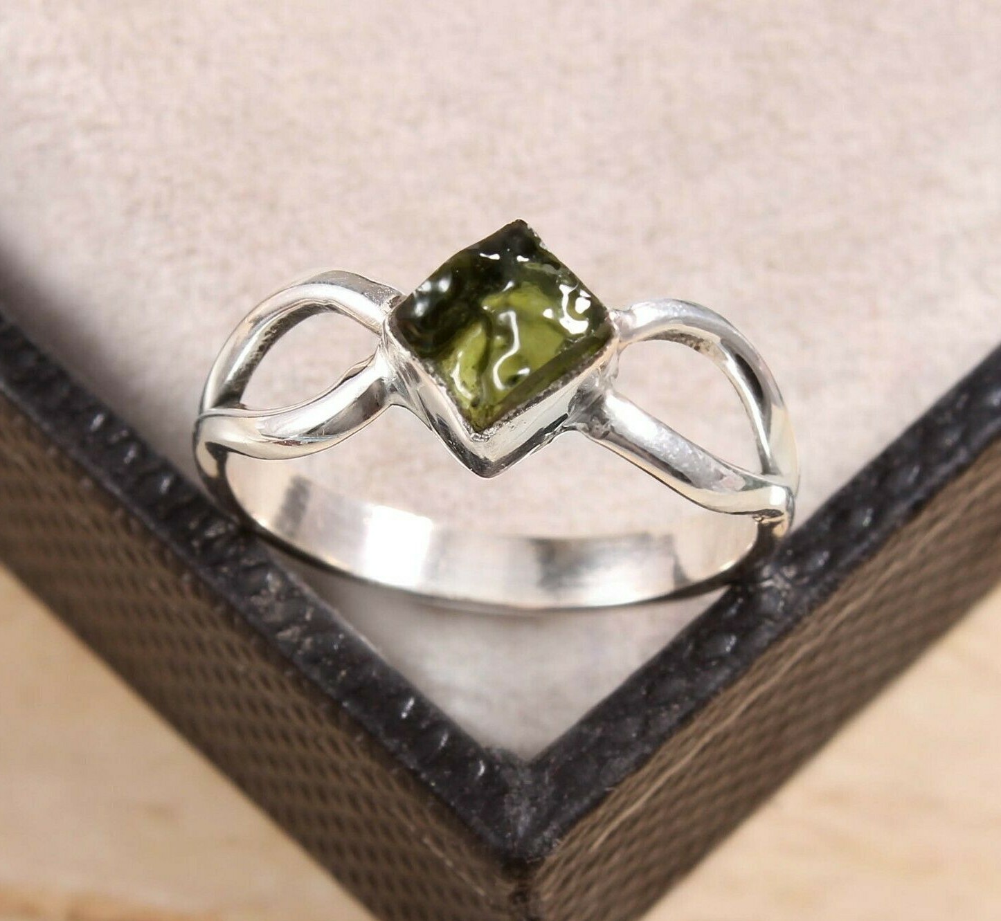 Natural Moldavite Rough Ring Czech Republic Moldavite Ring 925 Sterling Silver