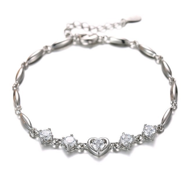 6-8″ Silver Plated Cubic Zirconia Crystal Heart Bracelet Chain Gift B15