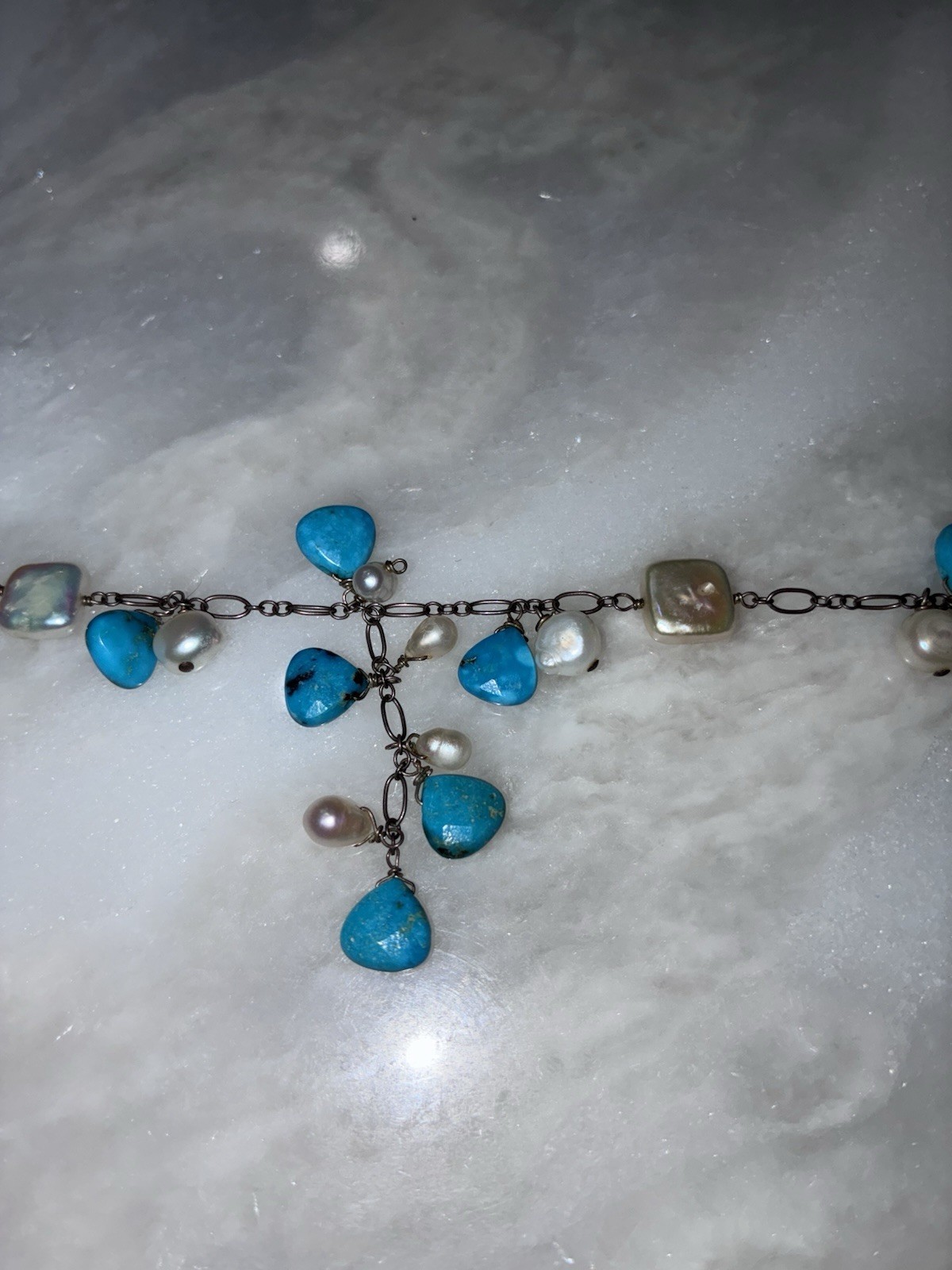 Vintage Boho 925 Sterling Silver Turquoise Pearl Dangle Necklace 17” Adjustable
