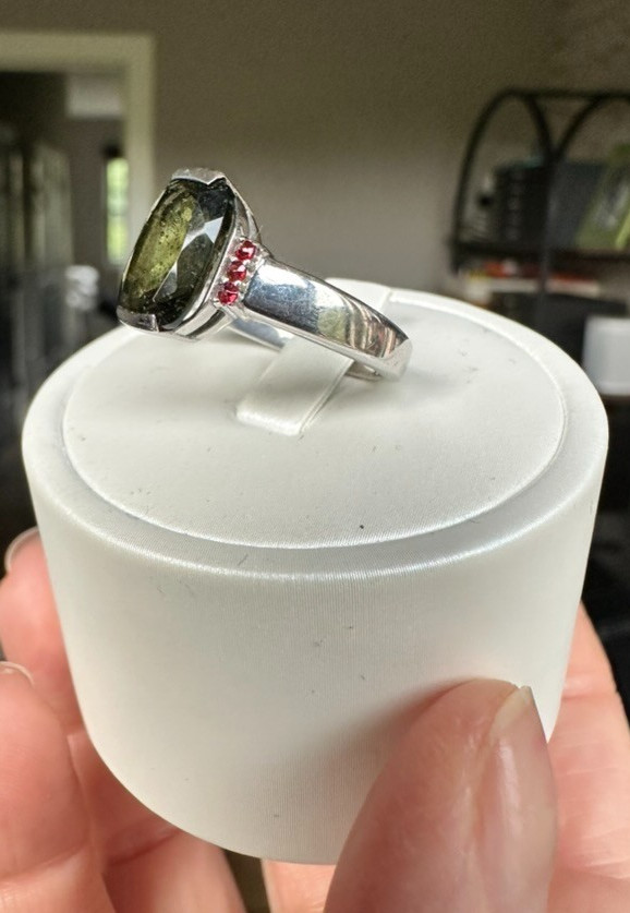 💎 Czech Republic Moldavite & Red Garnet 925 SS Statement Ring 💍 Size 9.25