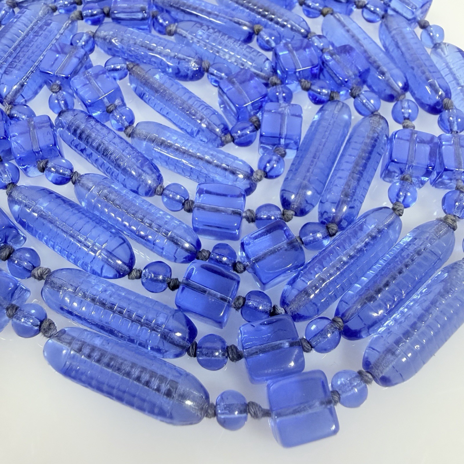 Antique Art Deco Necklace Cobal Blue Tubular Czech Glass Beaded 58″