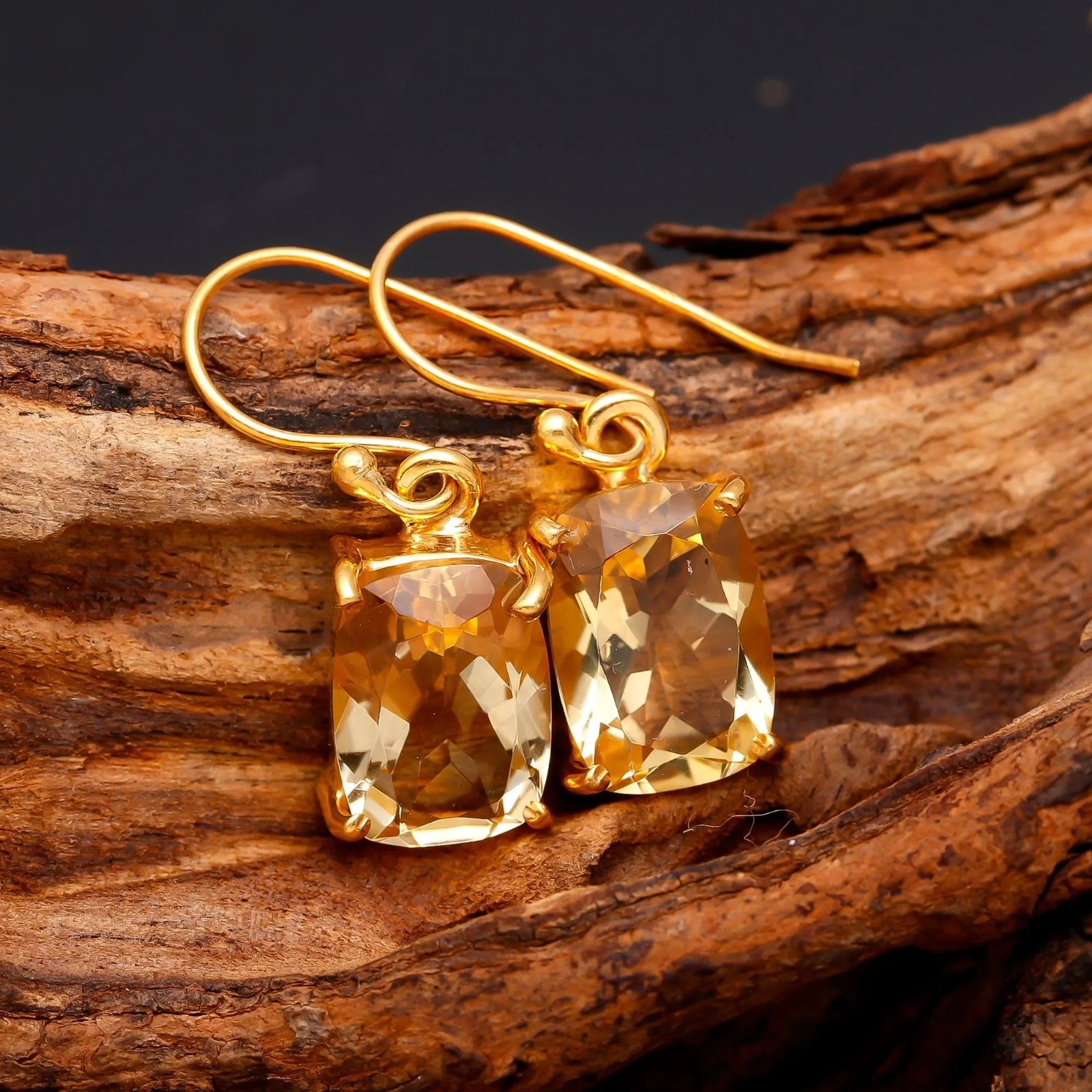 Natural Citrine Cushion Dangle Gold Plated Earrings 925 Sterling Silver Jewelry