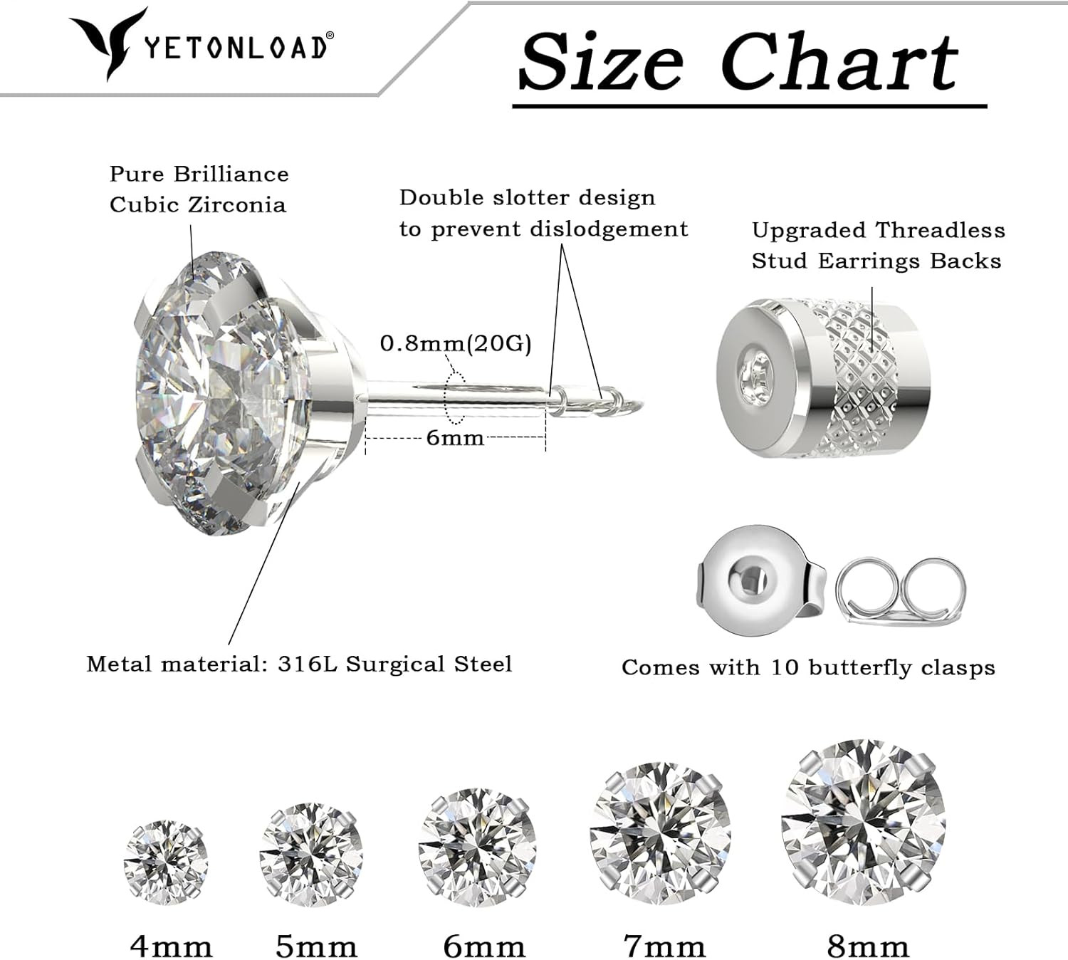 5-6 Pairs Push-In Flat Back Stud Earrings Hypoallergenic Surgical Stainless Stee
