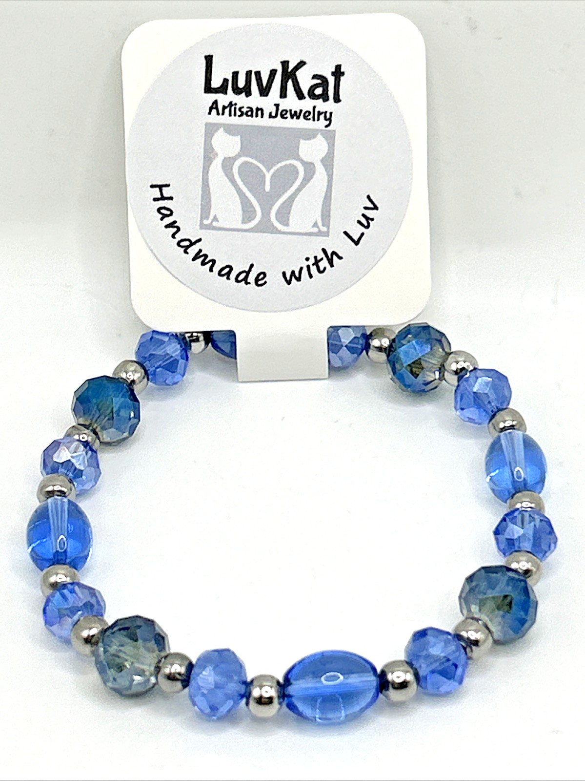 7.5″ Blue Glass & Stainless Steel Beaded Stretch Bracelet- Trendy & Stackable