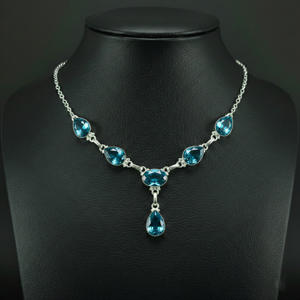 London Blue Topaz Gemstone 925 Sterling Silver handmade Gift Necklace 18″