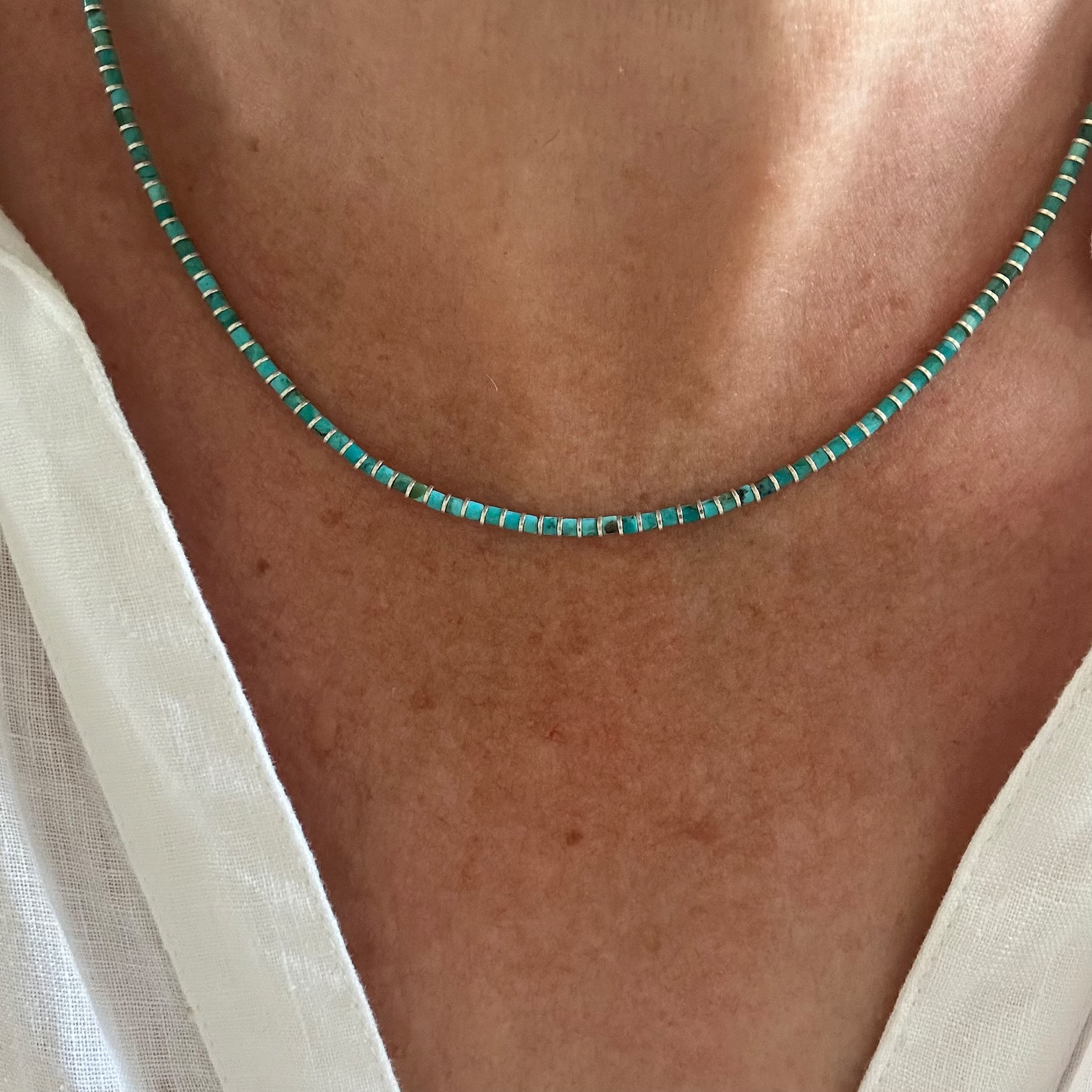 2mm Blue Turquoise Heishi Necklace & Silver Beads, Dainty Modern Contemporary