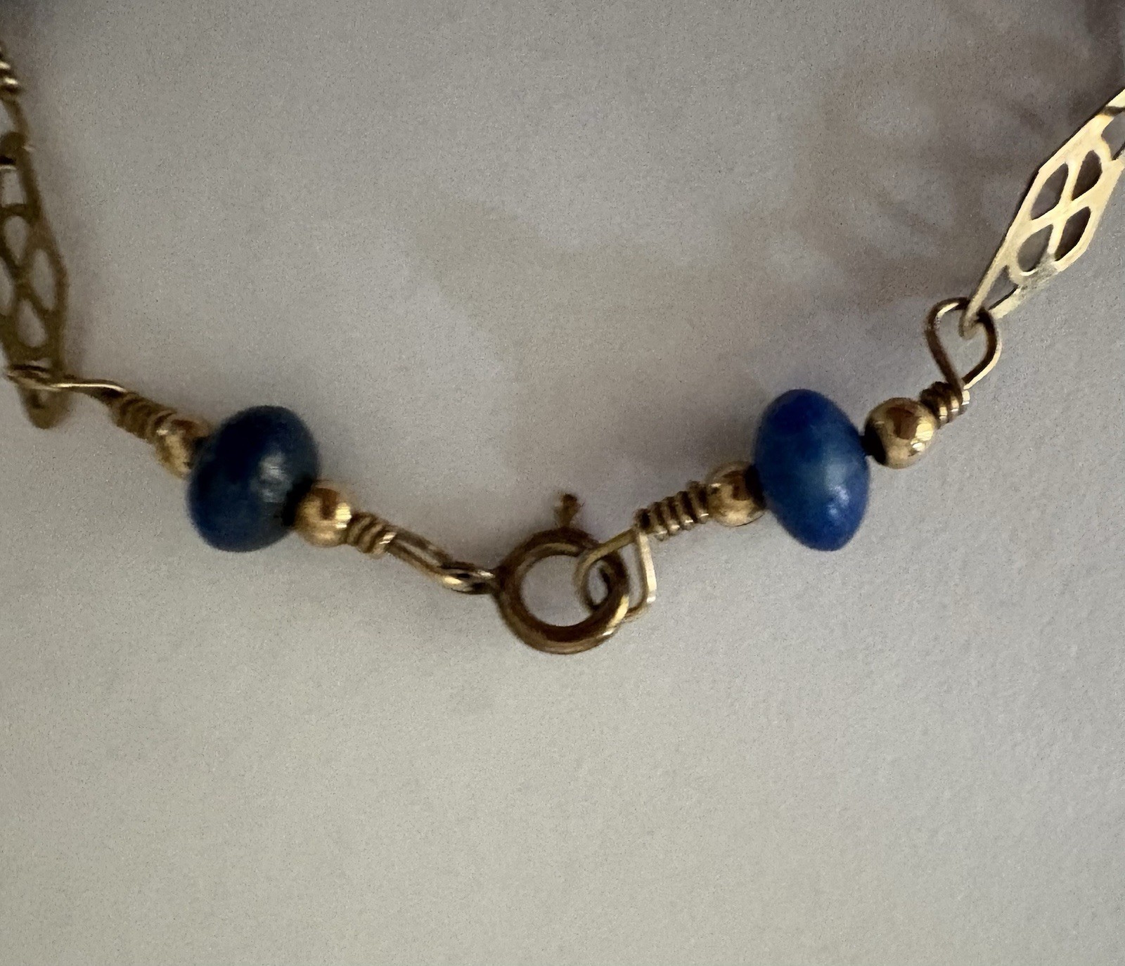 14K Gold Filled Wire Link Blue Lapis Lazul Bracelet Marked 1/20 14k 6 3/4”