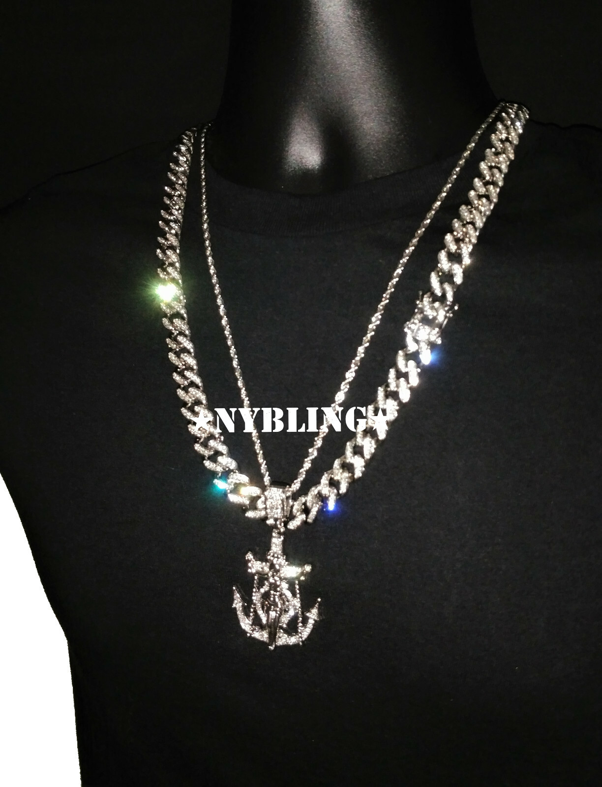 3PC SET, Miami Cuban Chain CZ Necklace, Rope Chain & Jesus Anchor Pendant Plated