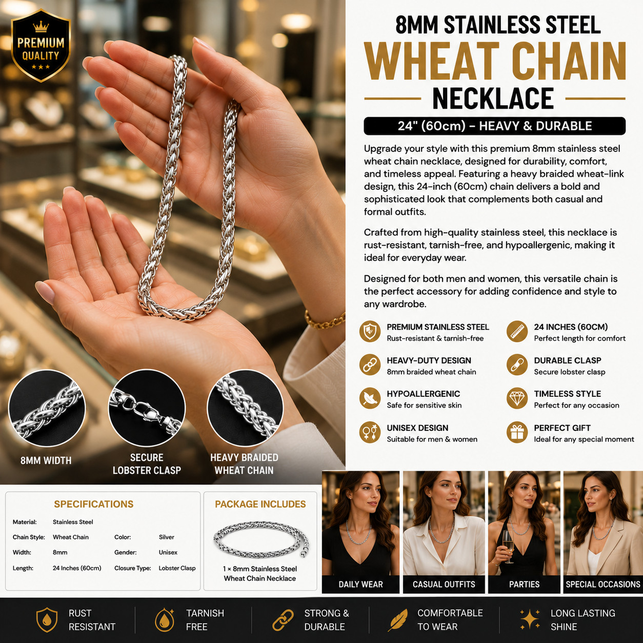8mm Heavy Braided Wheat Chain for Men – 24” Stainless Steel Necklace | unisex