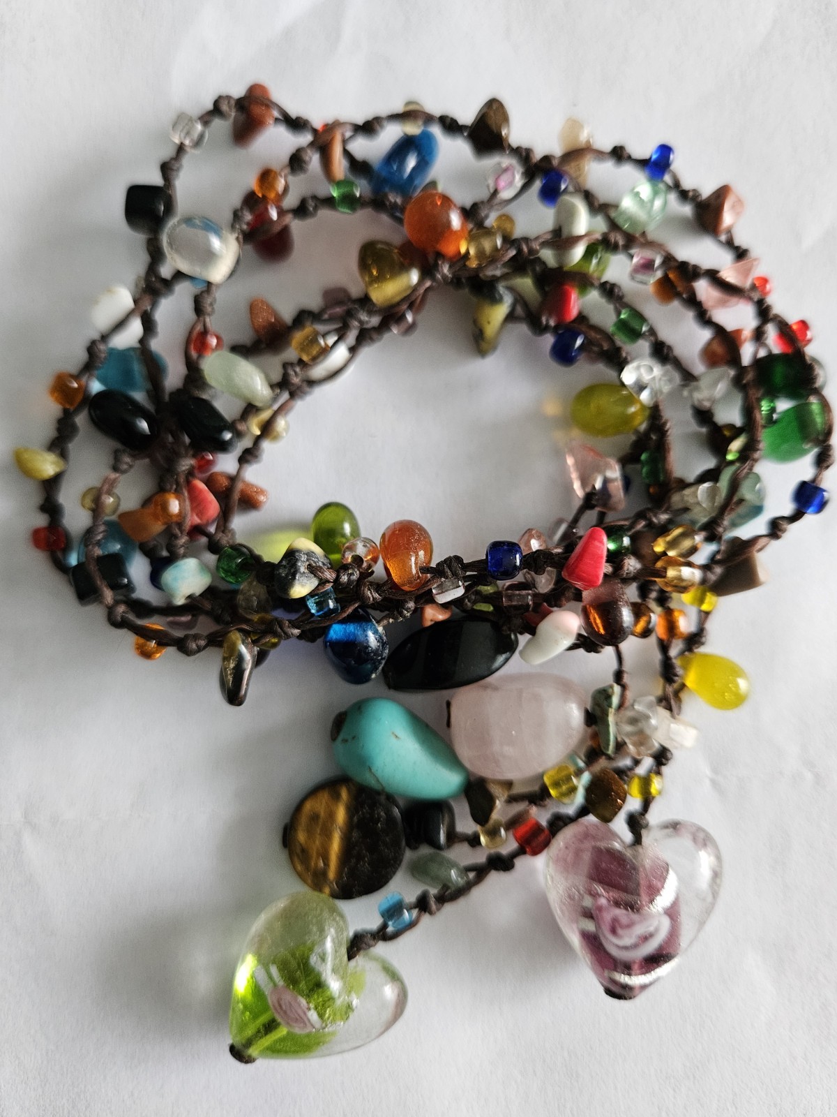 Boho-style multi-bead Multicolor 48″Lariat Wrap Necklace Glass Hearts Charms