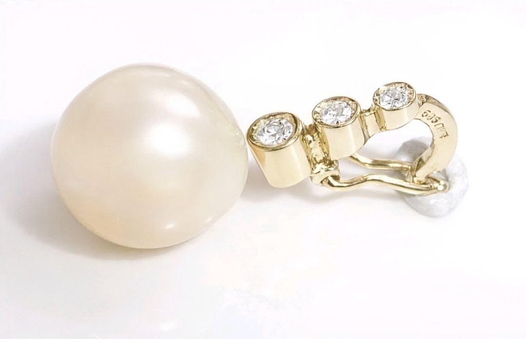 14K Solid Yellow Gold South Sea Pearl Diamond Enhancer Pendant 9.45mm Estate