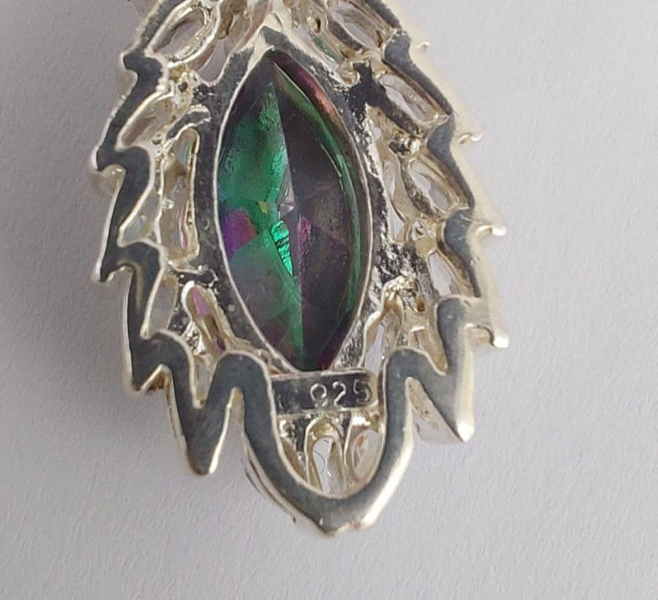 Vintage Signed 3 Ct Marquis Cut Mystic Topaz and White Stone Sterling Necklace