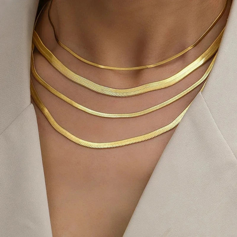 Stainless Steel Snake Chain Choker Necklace Gold Silver Herringbone Unisex