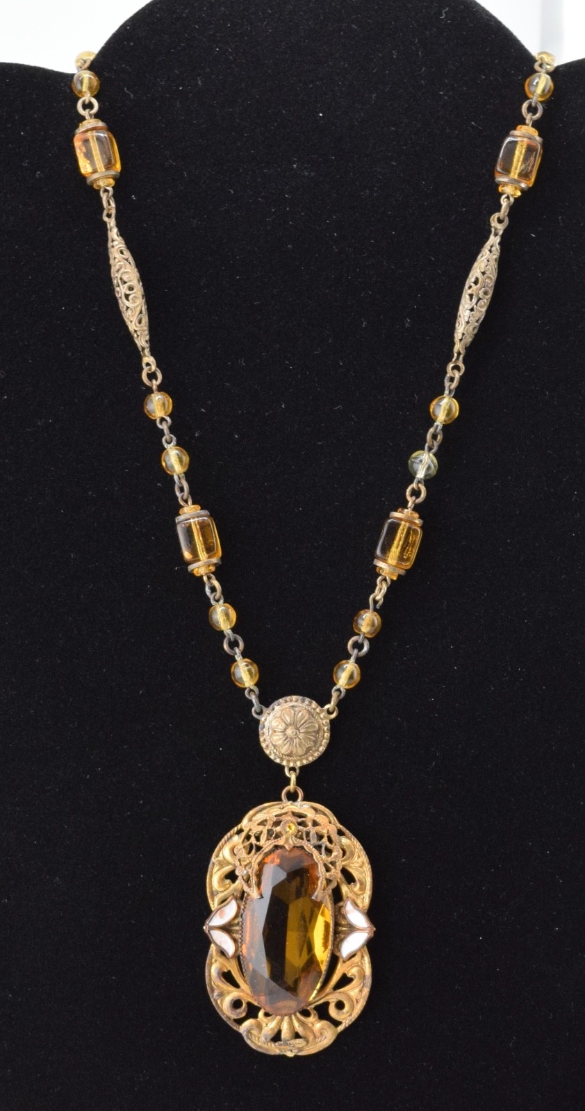 Antique Czech Necklace / Choker with Amber Colored Glass and White Enamel Accent