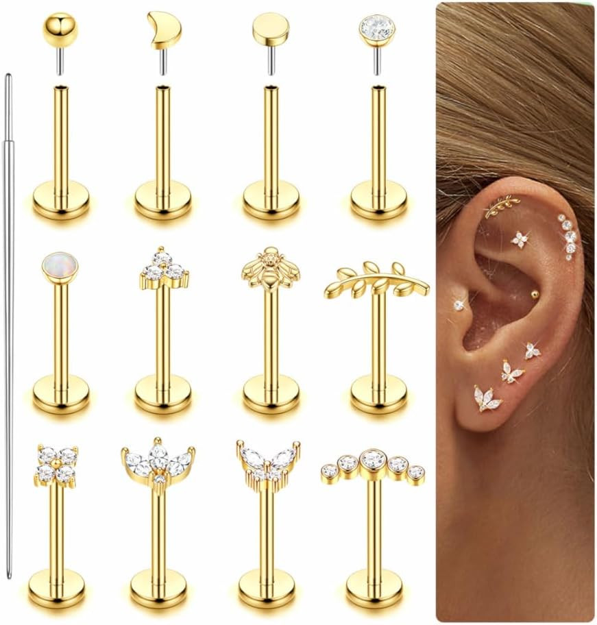 14K Gold Plated Threadless Flat Back Earrings for Women Men | 316L Surgical Stee