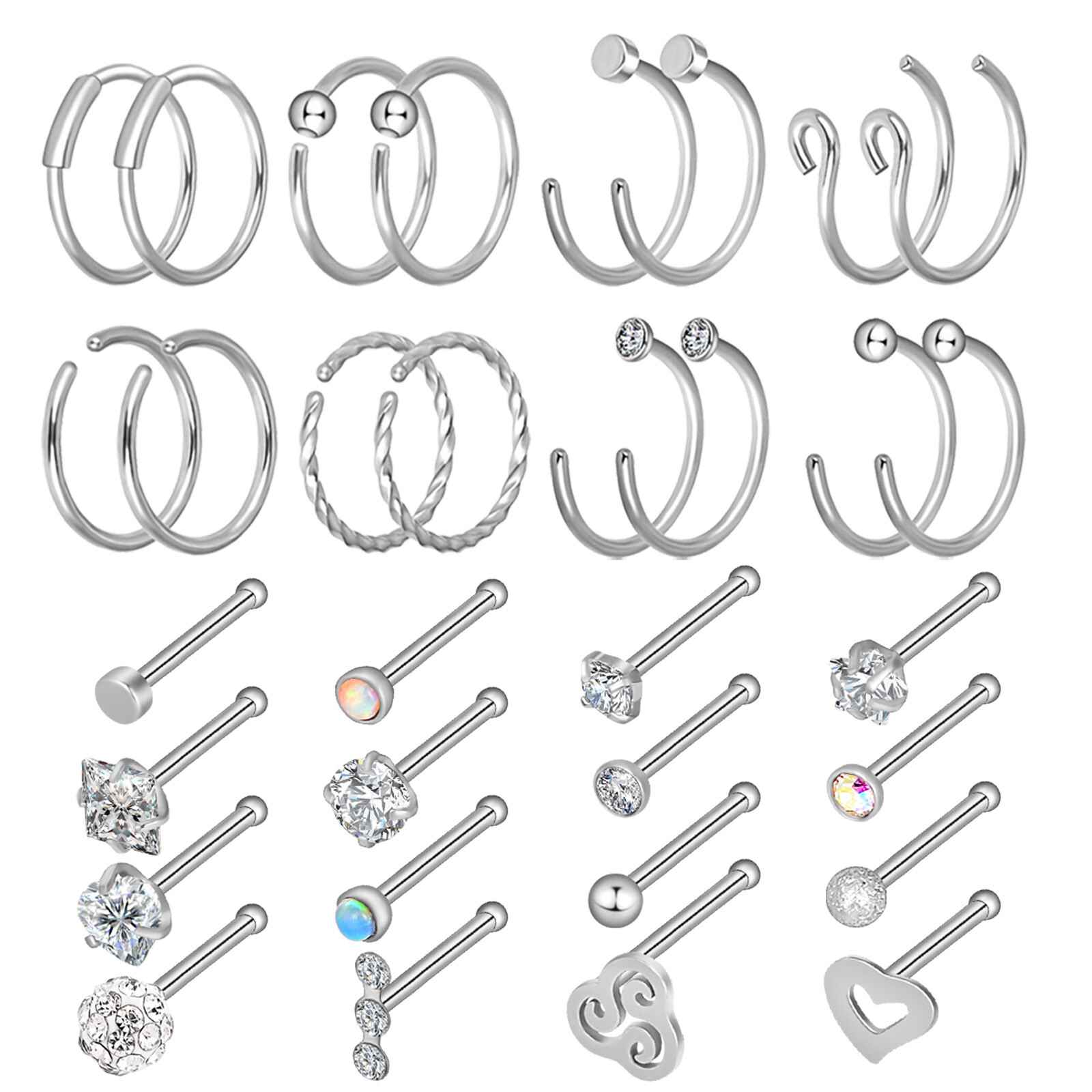 16-32pcs 20G Surgical Steel Nose Hoop Bone Stud Piercing Set Bone/L-shape/Screw