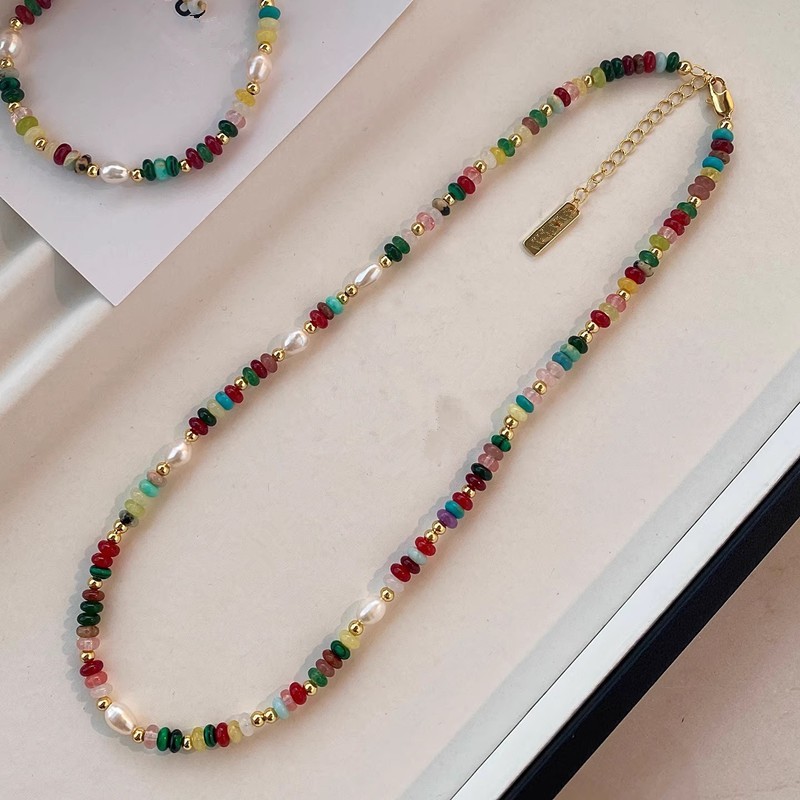 Premium Assorted Gemstone Rainbow Women Necklace Natural Freshwater pearl Choker