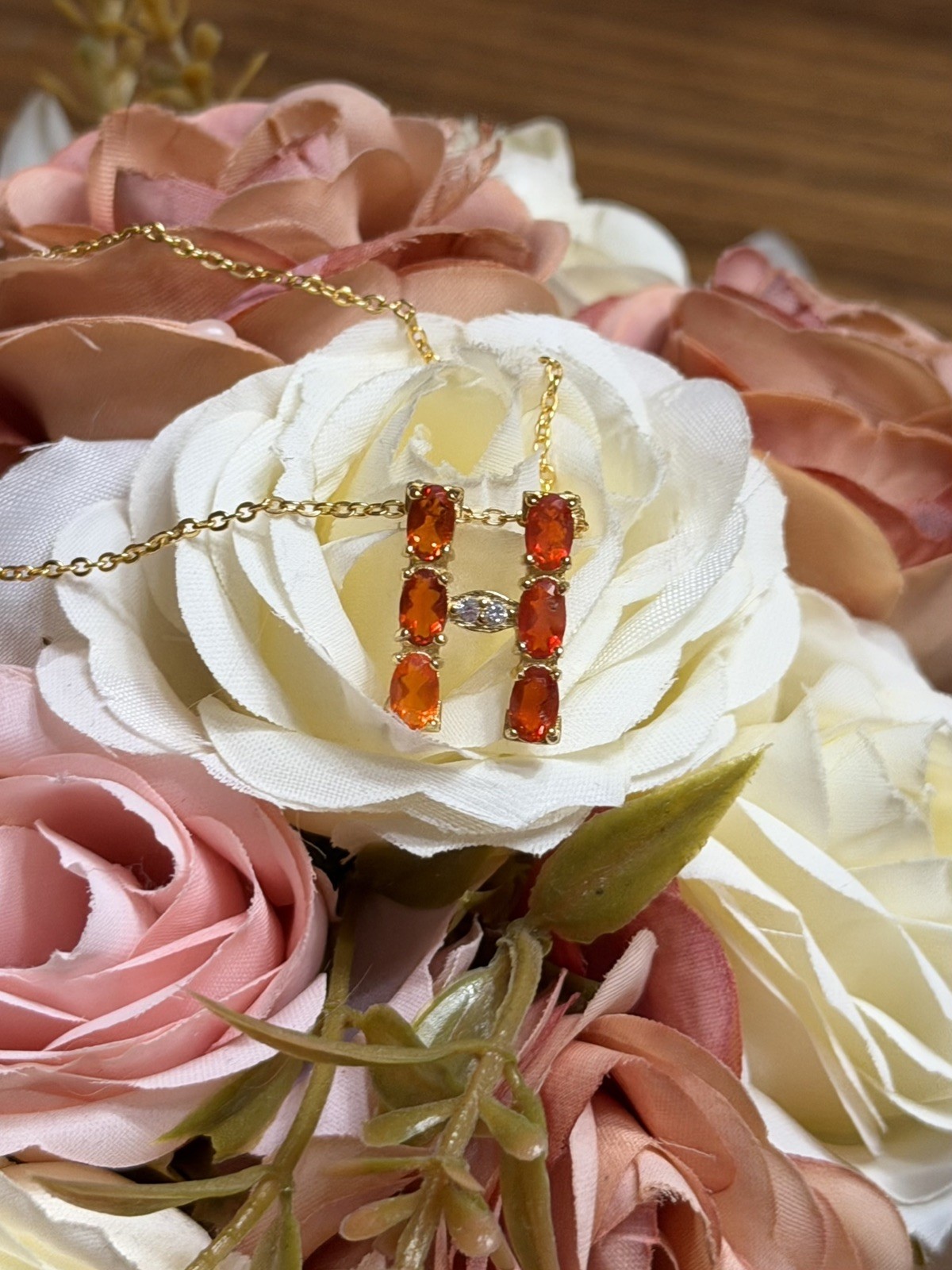 Natural Orange Fire Opal Initial “H” Pendant Necklace 18K Gold over 925 SS 20 in