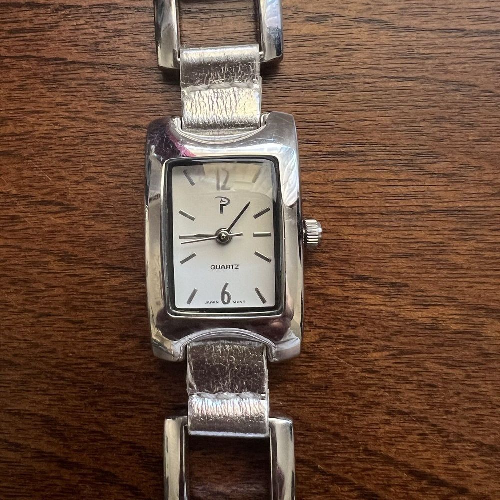 Vintage “P” Women’s Watch Silver Tone New Battery Rectangle Face White 8 in.