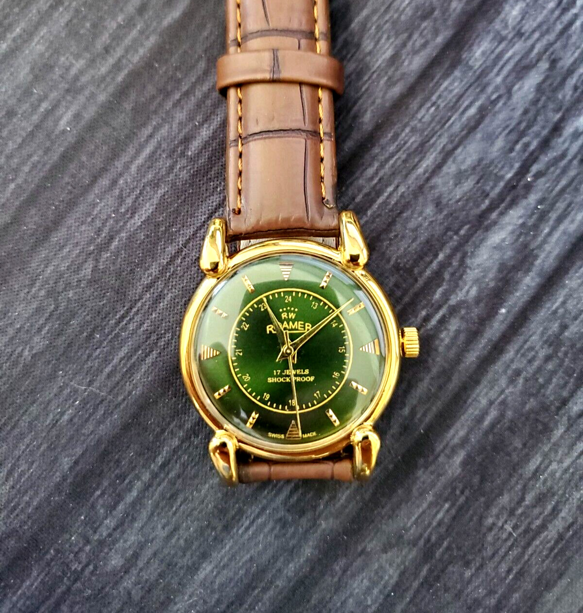 ✨Rare Swiss Roamer Brevete Mens Manual Watch Gld Grn Brw