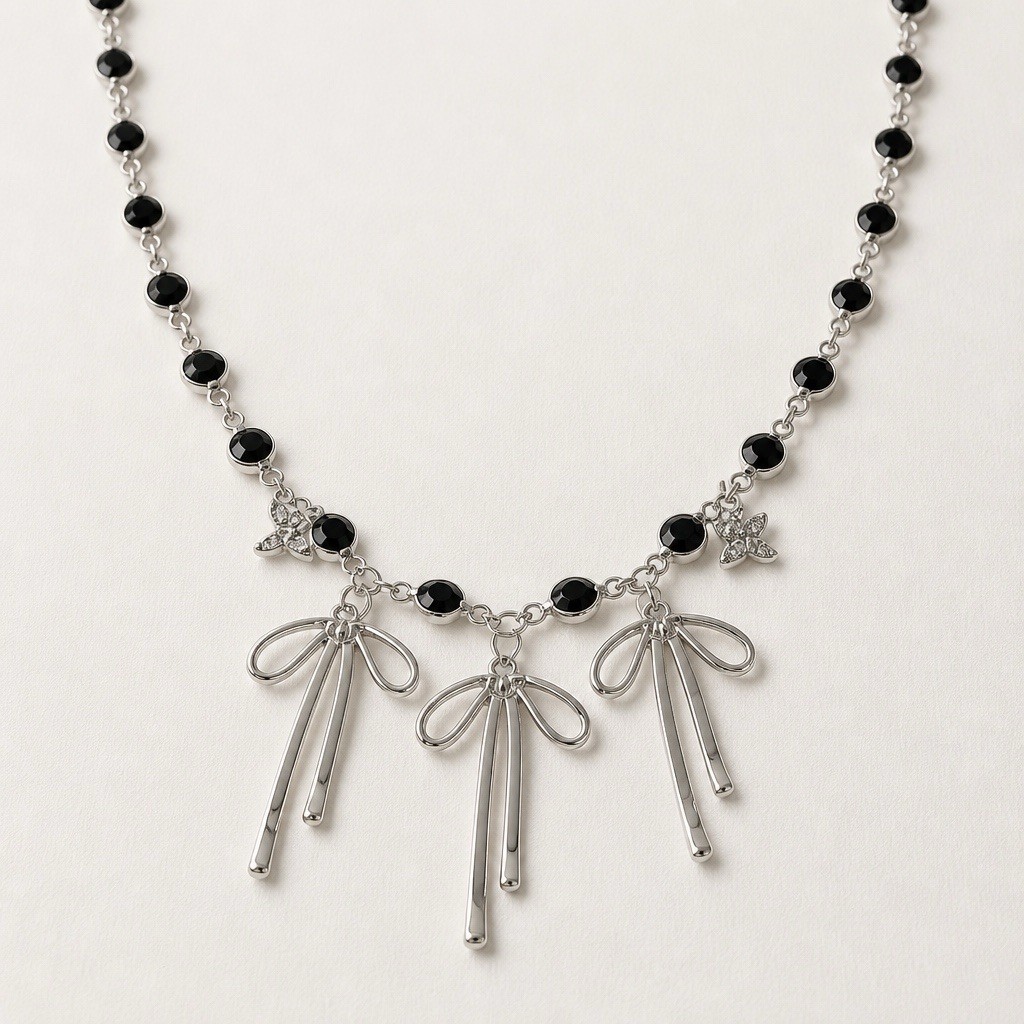 Necklace pendant 3 Bows 2 Butterflies Charms Silver Color Black Faceted Beads,