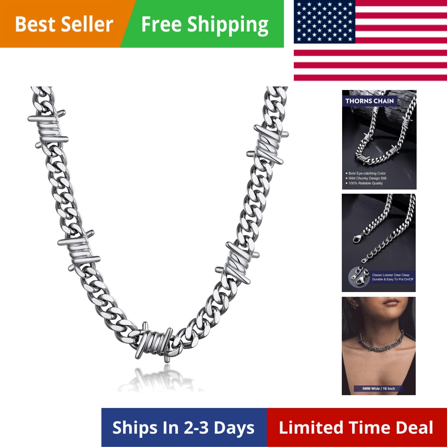 Barbed Wire Cuban Chain Necklace for Women Men Stainless Steel/Black Thorns C…