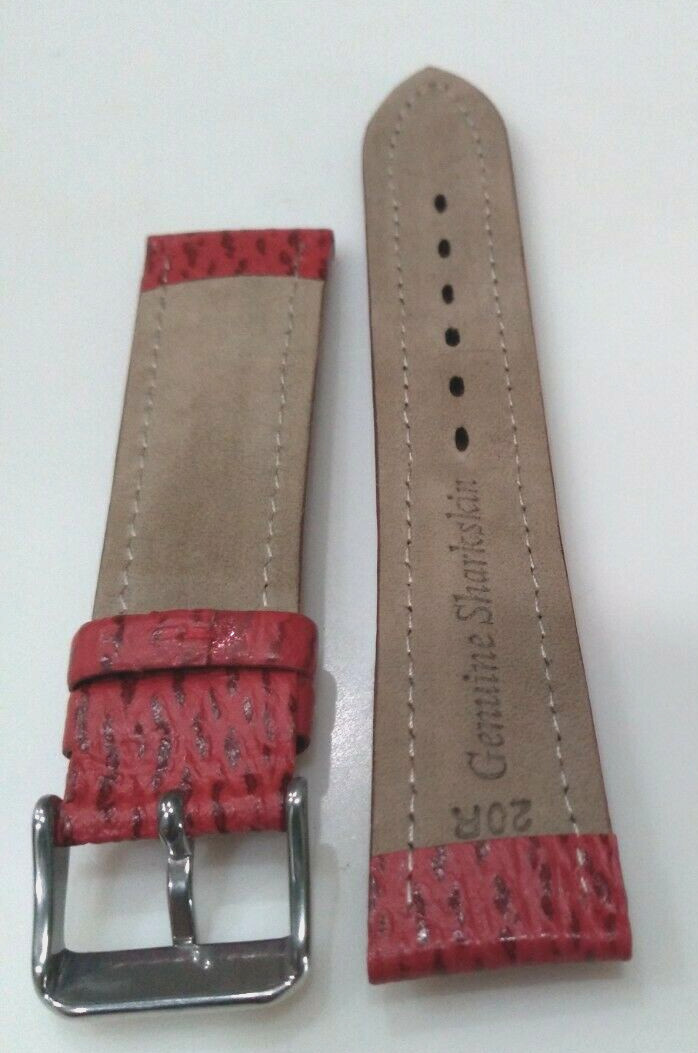 Red Genuine Shark Sharkskin 20mm Regular Padded Watch Band Silver Tone Buckle