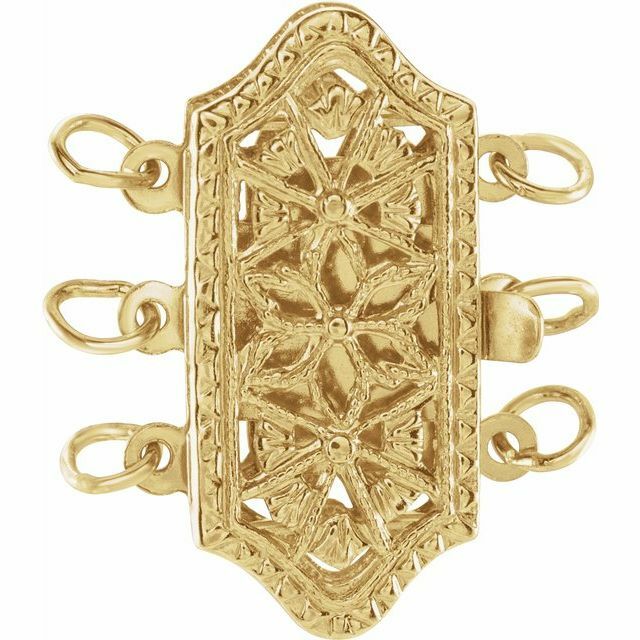 14K Yellow Gold 18.25mm Filigree Three 3-Strand Oblong Pearl Clasp Bead Strings