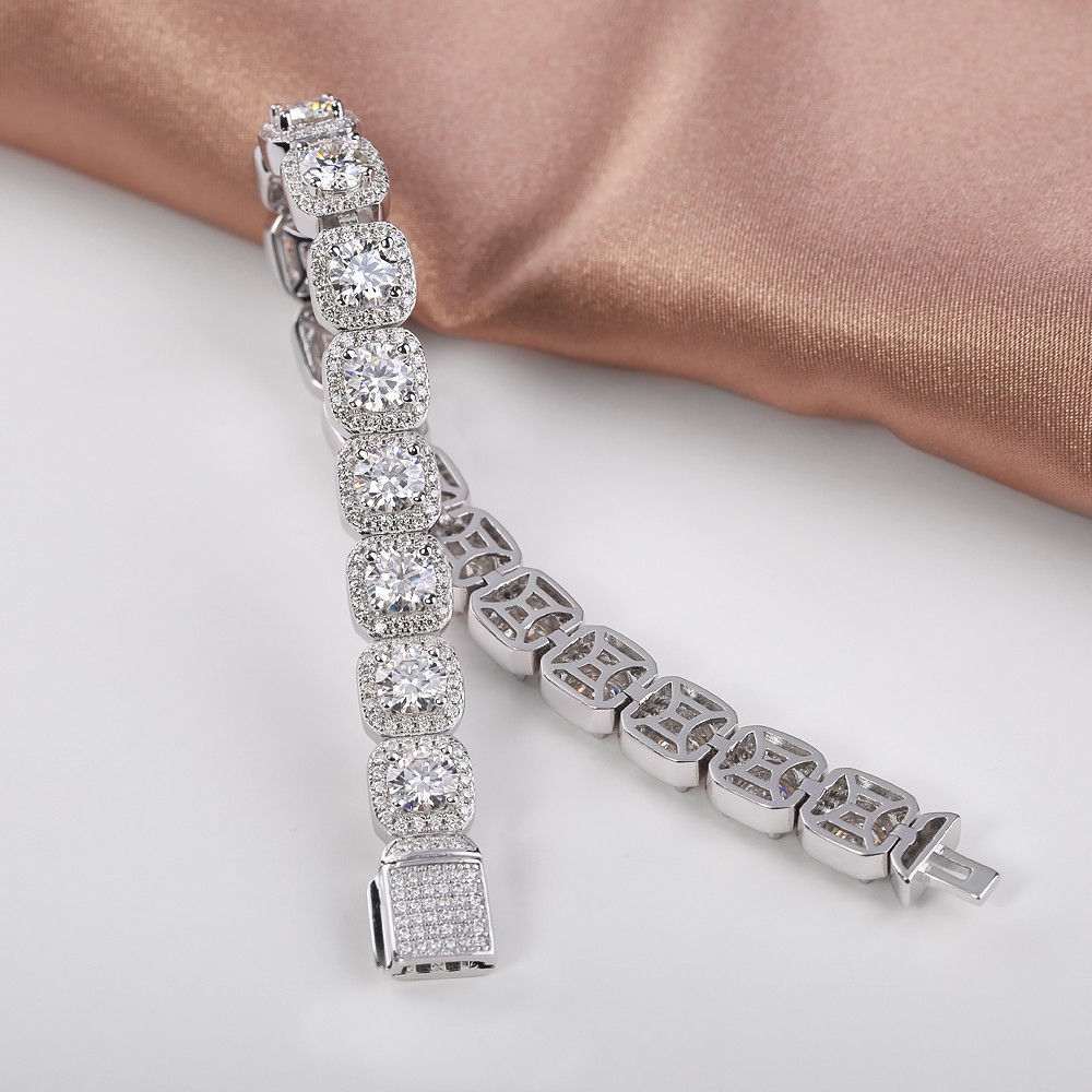 Full Real Moissanite Halo Tennis Bracelet Men 925 Sterling Silver Chain Hip Hop