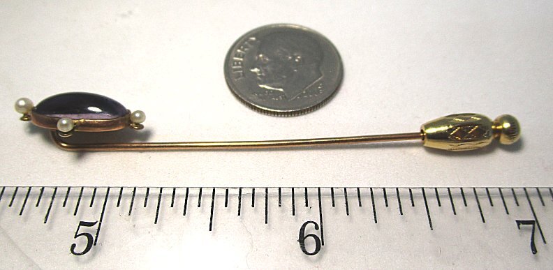 Victorian 10K Yellow Gold Stick Pin w Pearls and Foil Backed Glass 1.4 grams