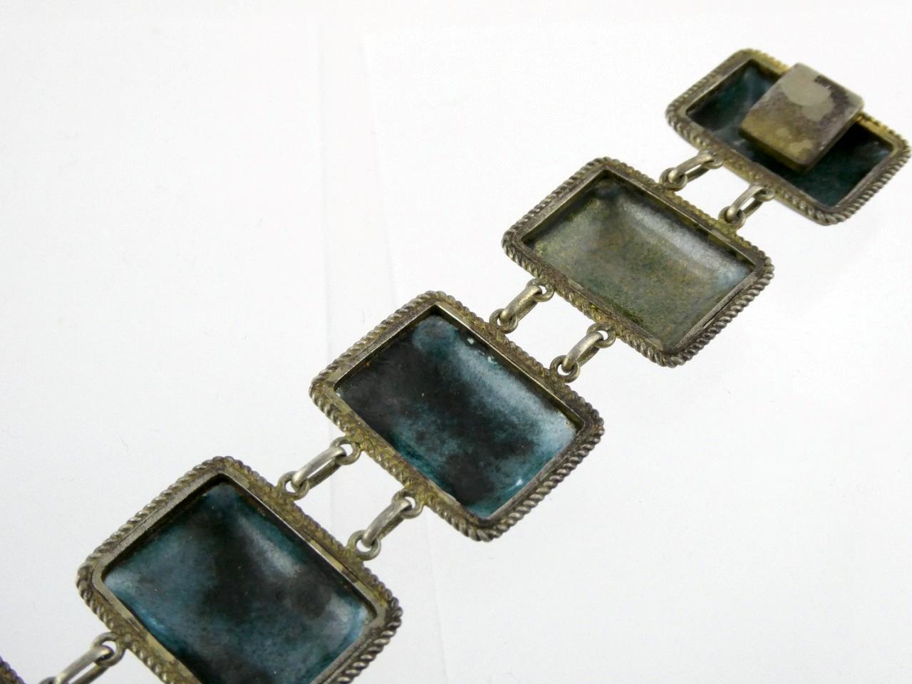 Vintage Sterling Silver Enameled Porcelain Panel Bracelet Bird Designs 6 7/8 In