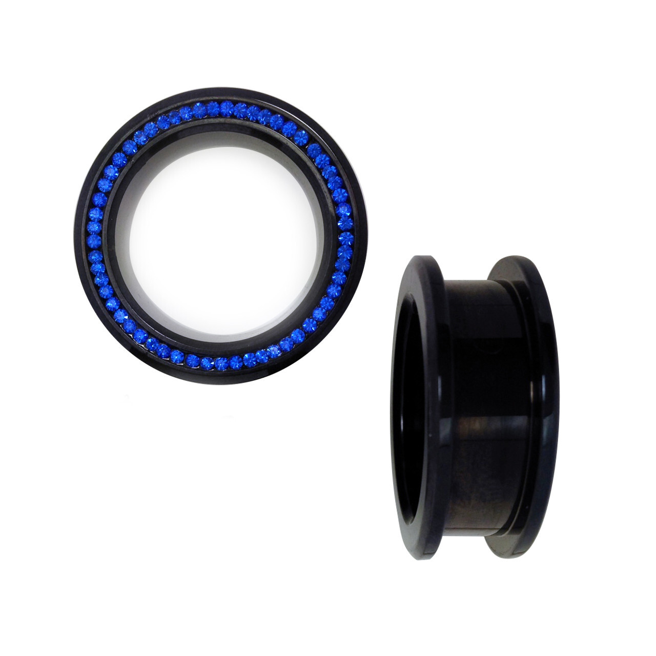 Tunnels Screw Fit Black IP with Blue Cubic Zirconia Jewels Sold as a Pair