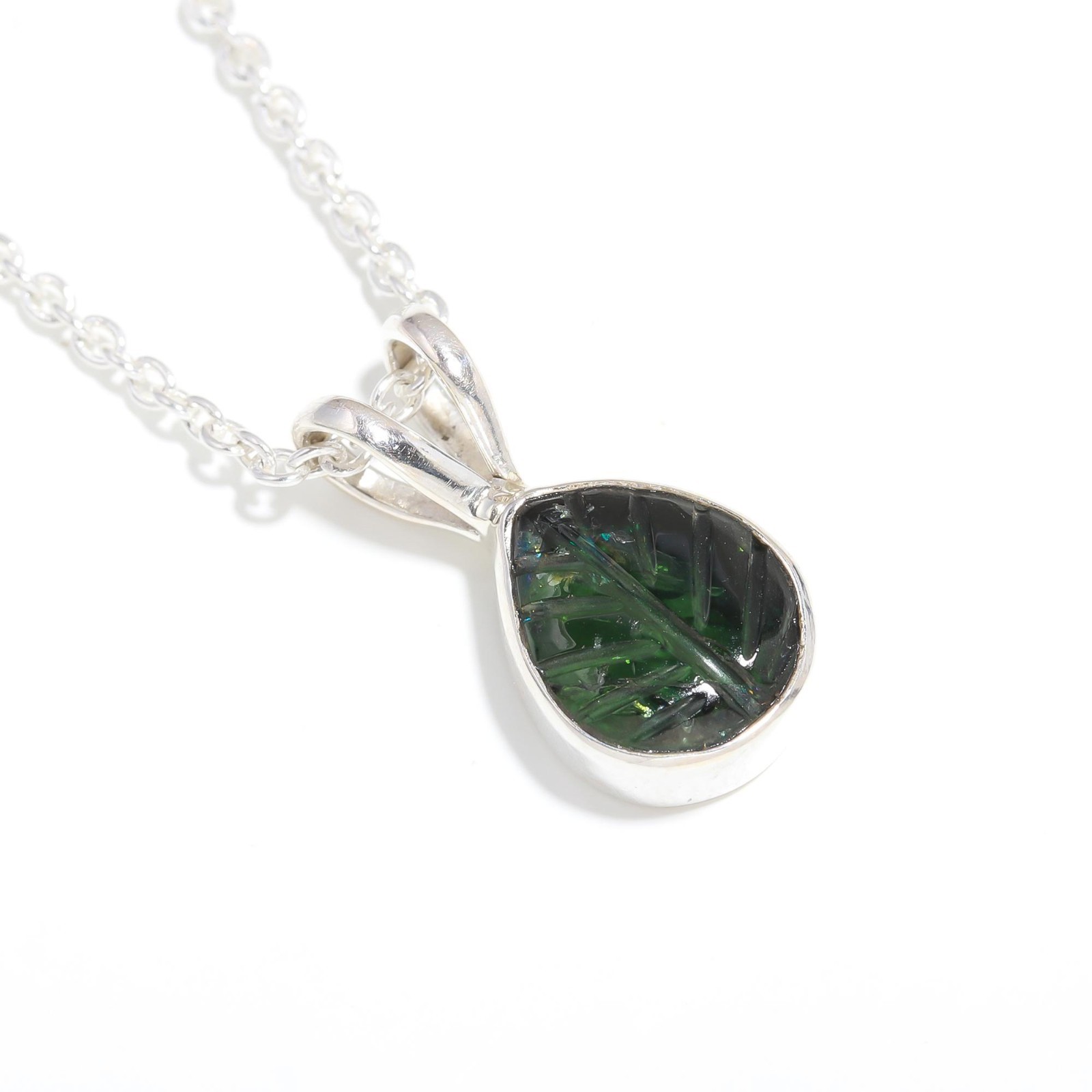 Natural Tourmaline Leaf Chain Necklace 925 Sterling Silver Jewelry Gift For Her
