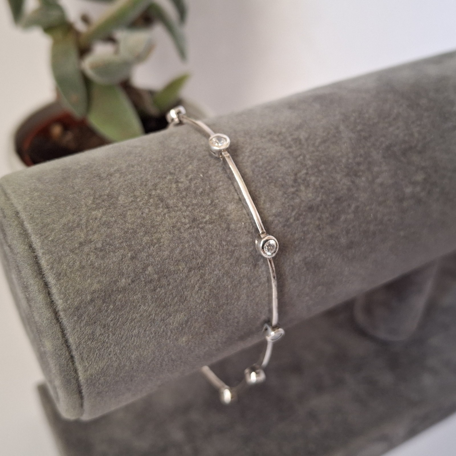 925 Sterling Silver CZ Station Link Bracelet Modern Minimalist Wedding Sparkle