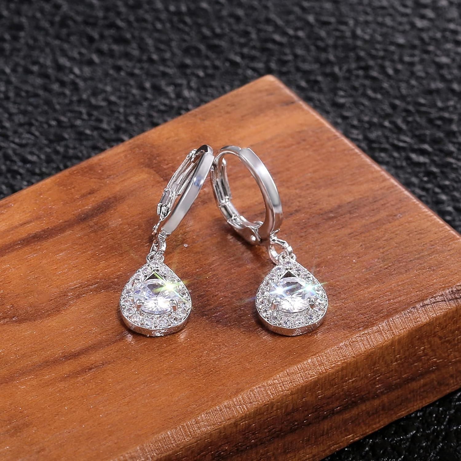 18k White Gold Round Cz Teardrop Leverback Earrings Made With Swarovski Elements