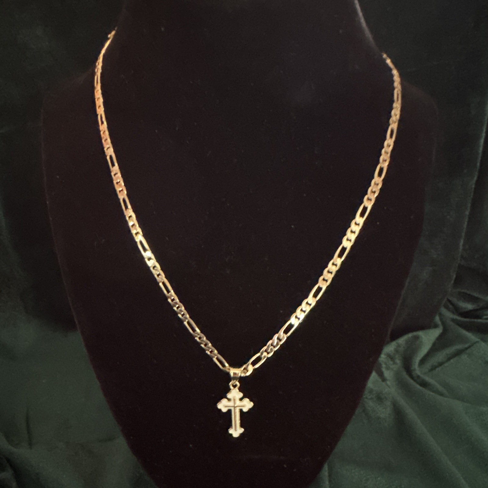 Yellow Gold Filled Figaro Chain Necklace w Cross Pendant Lobster Clasp