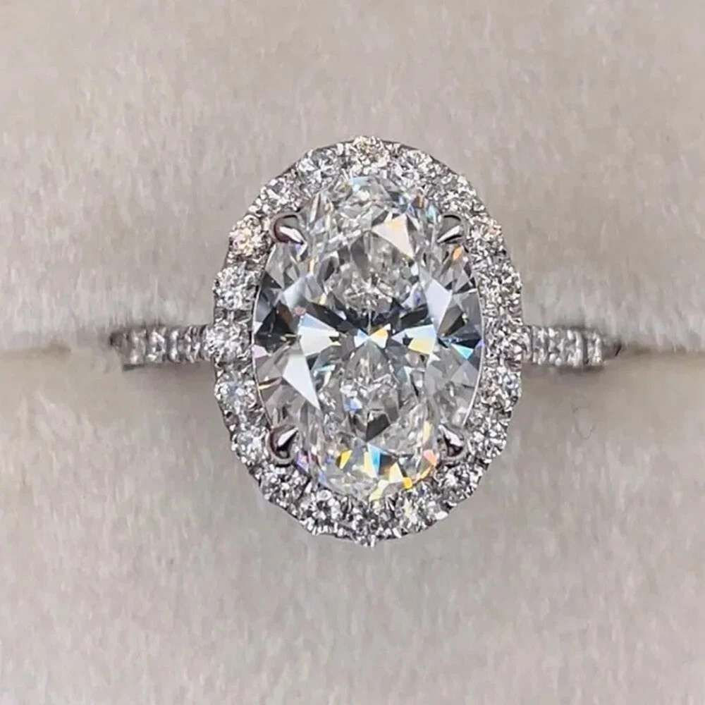 5 TCW Oval Cut Moissanite Halo Engagement Ring 14K White Gold Plated