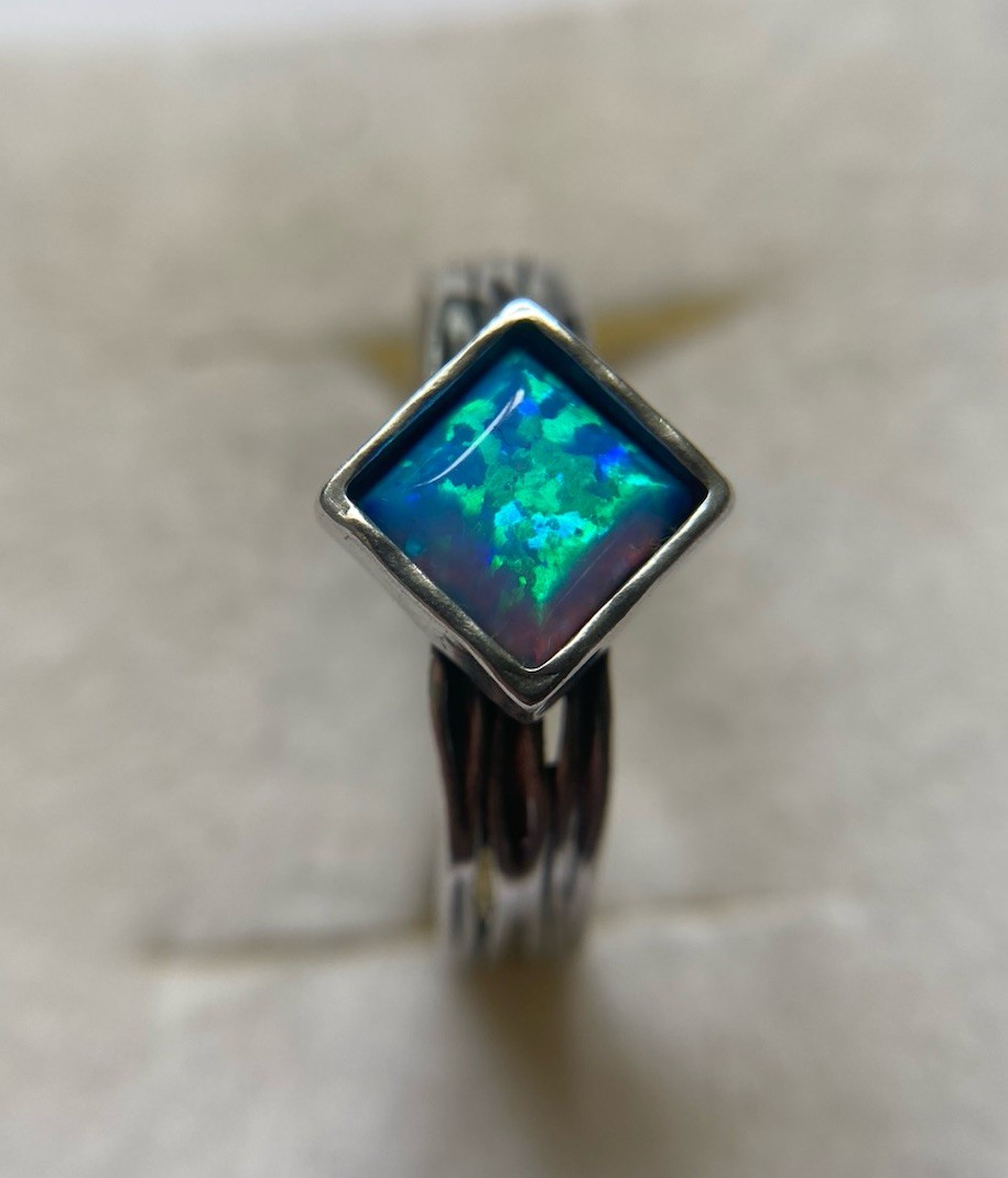 Sterling Silver, Square Bezel Set Lab Opal, Ring By PZ Creations