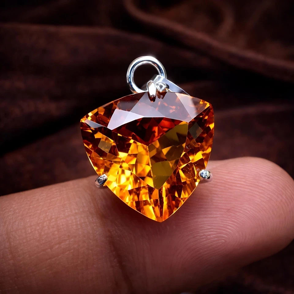 21 Ct Natural Orange Sapphire Trillion Cut Gemstone 925 Solid Silver Pendant