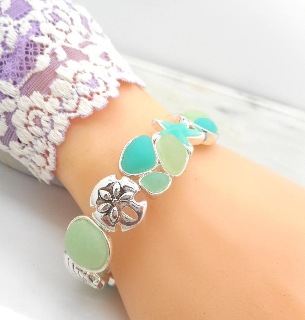 Bohemian Starfish Sea Glass & Resin Bracelet Beach Silver Dollar Theme NEW