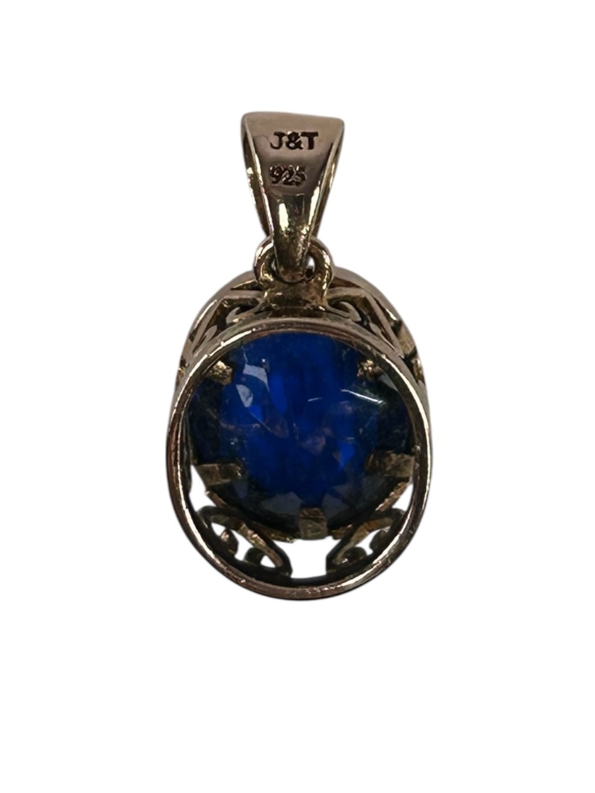 J&T 925 Sterling Silver Pendant Blue Glass Stone RoseGold Vermeil Heart Filigree