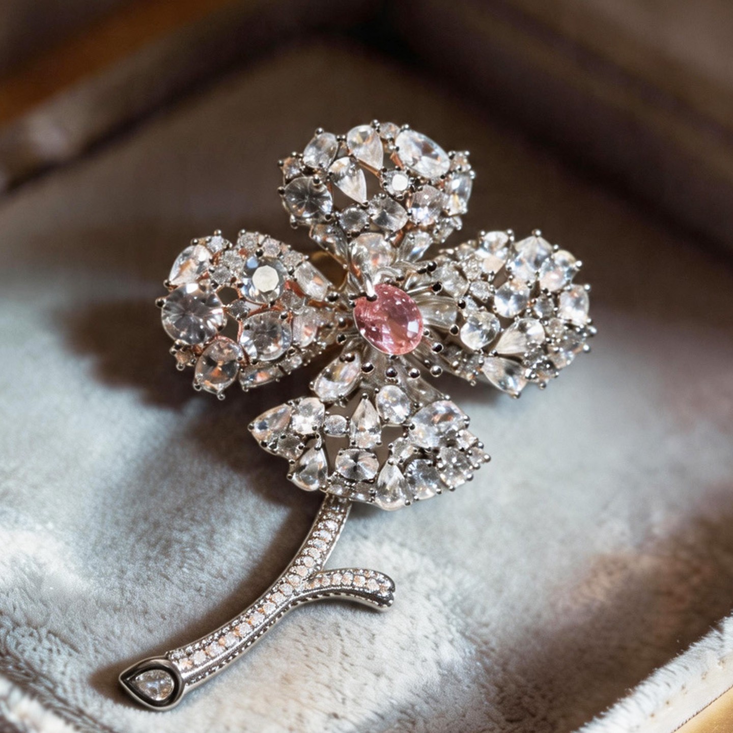 18K Silver Plated Four Leaf Clover Brooch Pink Zircon Center Full Pave Crystal