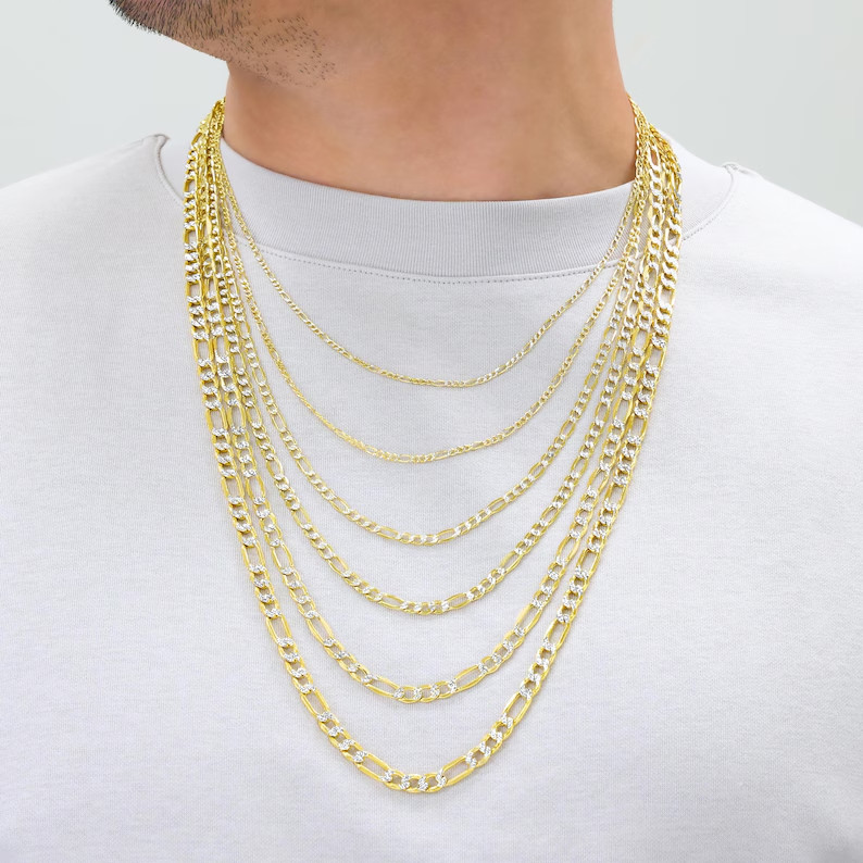 Real 14K Yellow Gold Diamond Cut Figaro Chain Necklace for Men & Women