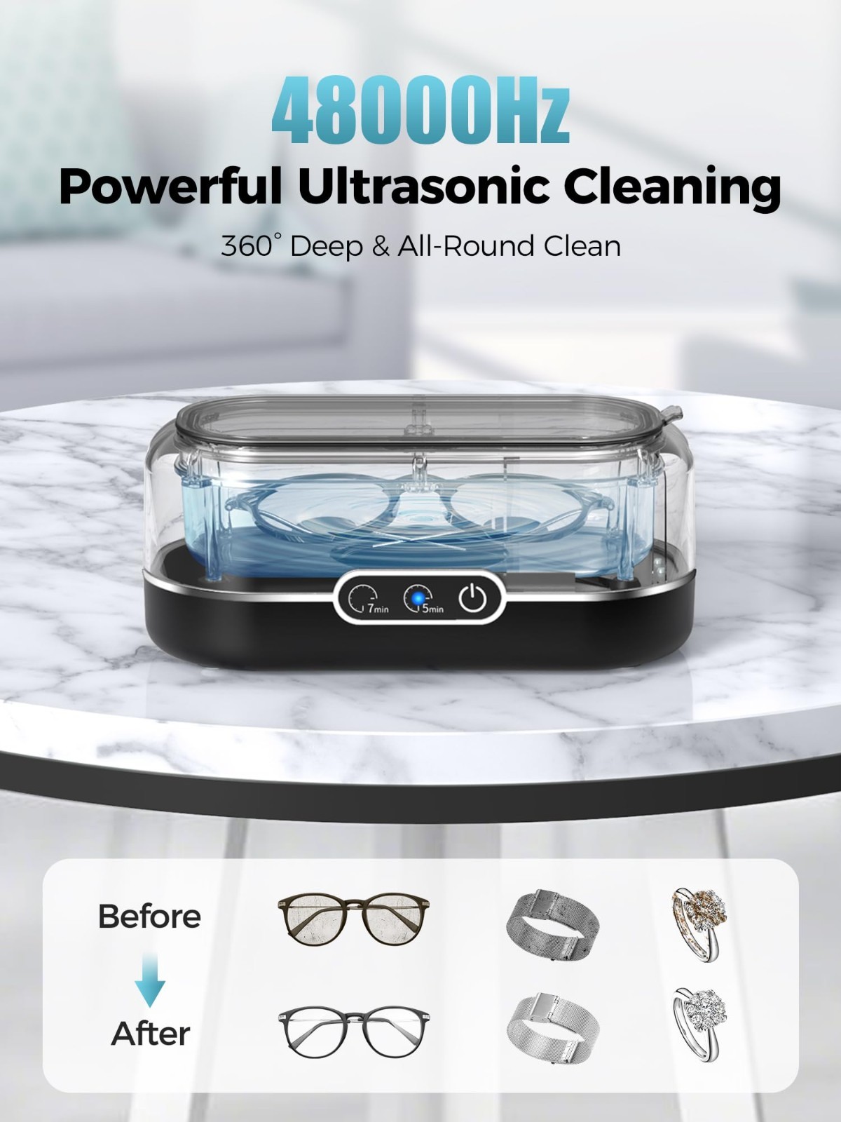 Ultrasonic Jewelry Cleaner 48KHz – Deep Clean for Rings, Glasses, Dentures & Mor