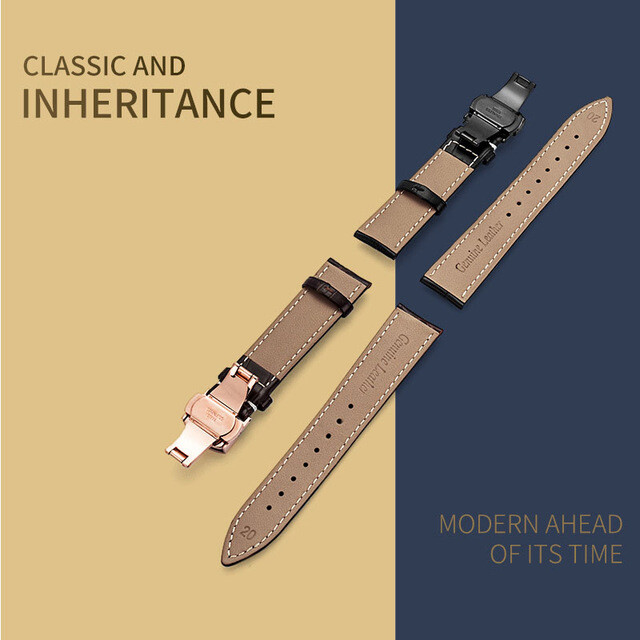 12-24MM Watch Band Strap Genuine Leather Deployment Clasp Buckle Black