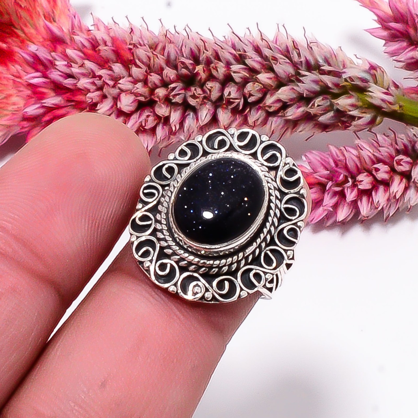 Blue Sunstone Fine Art Oxidised 925 Sterling Silver Ring S.6 R115541
