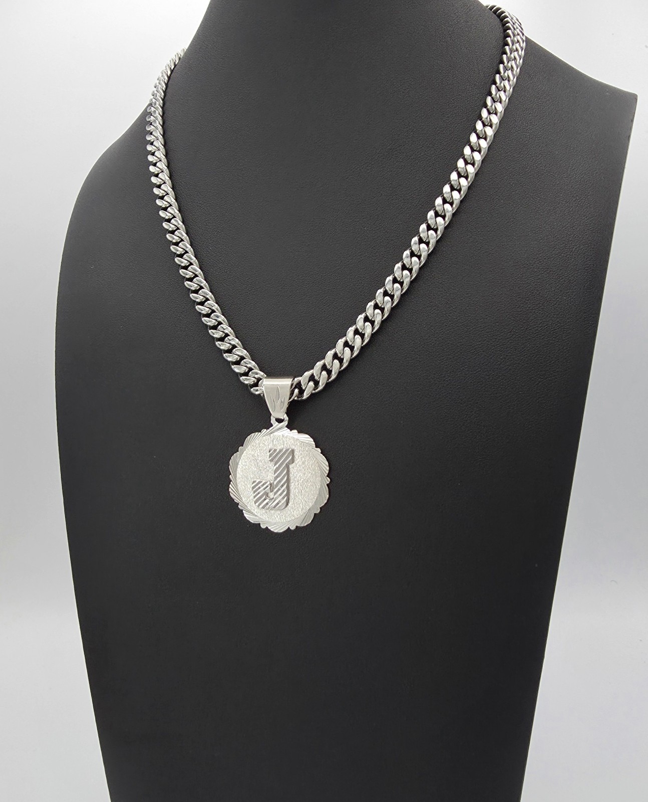 Silver Initial Necklace: 7mm Cuban Chain, 30mm Pendant, Lifetime Replacement